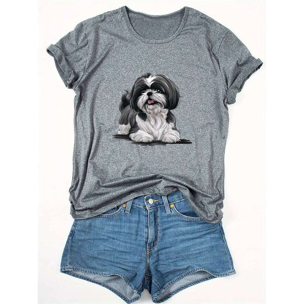 Women's Casual Crew Neck T-shirt, Featuring A Shih Tzu Dog Print, Short Sleeves, and Medium Stretch Fabric.graphic T Shirts Y2K XJ260306 XJ260306