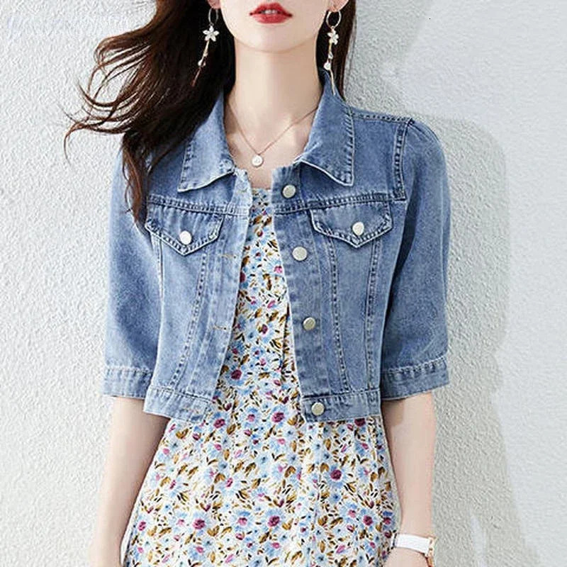 Vintage Crops Trendy Turn Down Collar Jackets Women Basic Solid Outwear Half Sleeve Denim Fit Harajuku Street Denim Jacket Women 260306