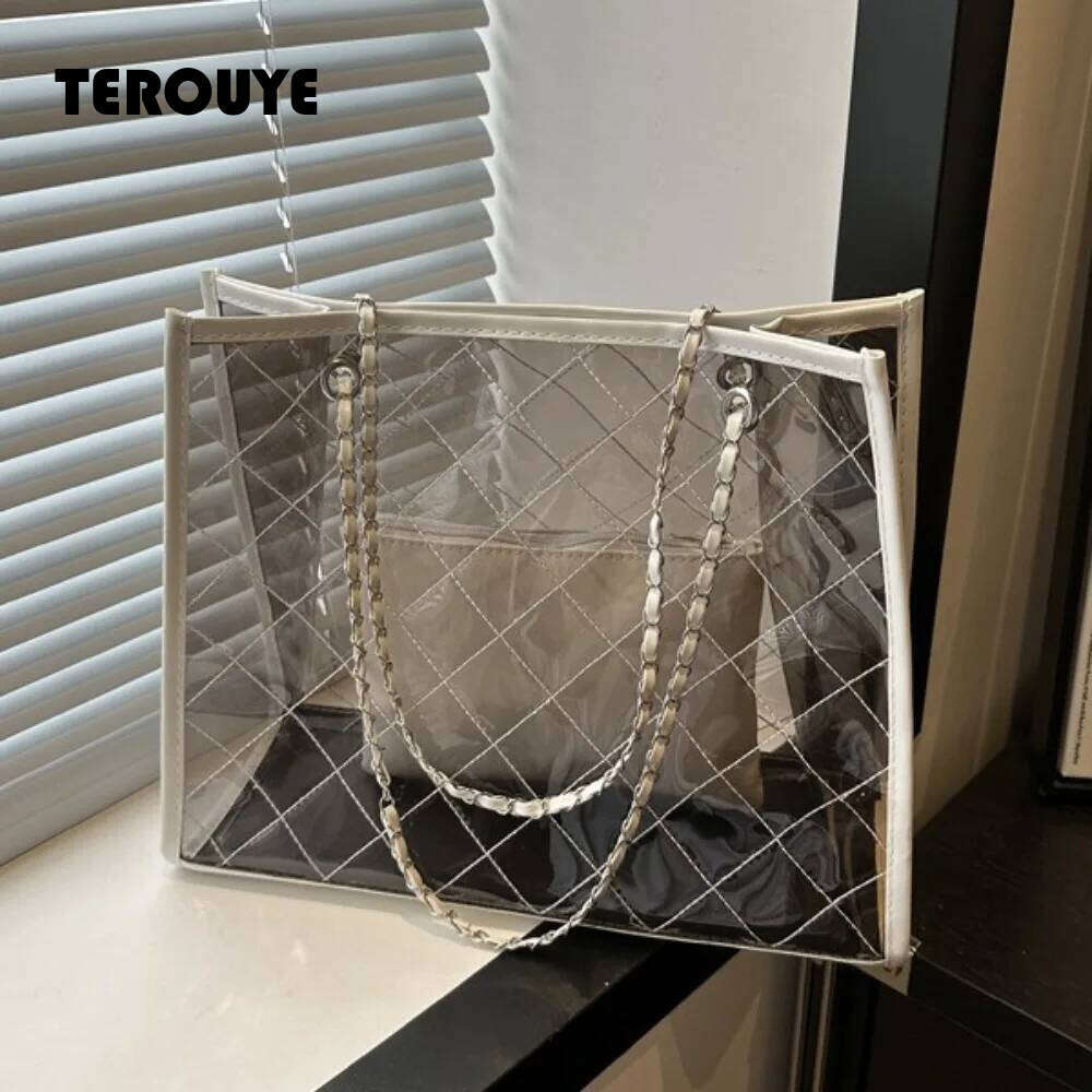 2026 Large Capacity Transparent Shoulder Summer Korean Style Waterproof Composite Storage Underarm Bag Beach Portable Tote TEROUYE