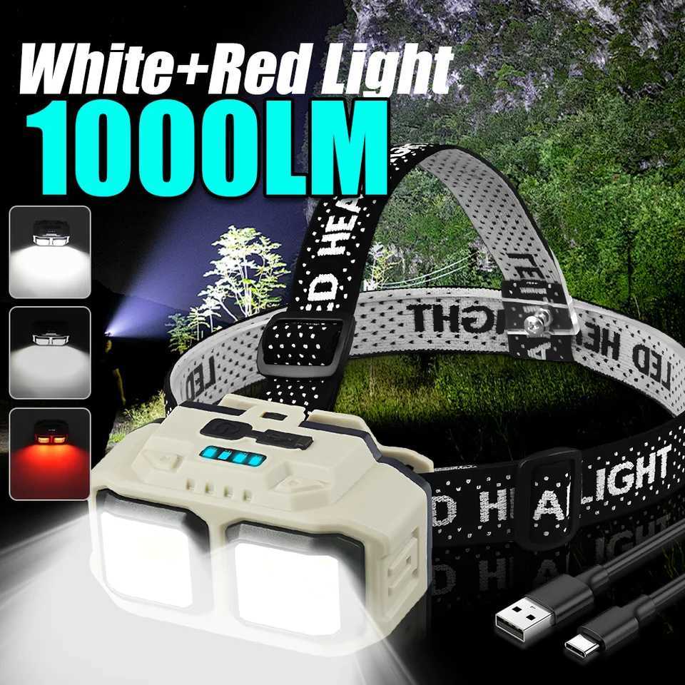 Super Bright Headlamp 1000LM USB C Rechargeable Head Torch Red Light Mode Running Emergency Mining Safety Tiltable Head Torch H260307