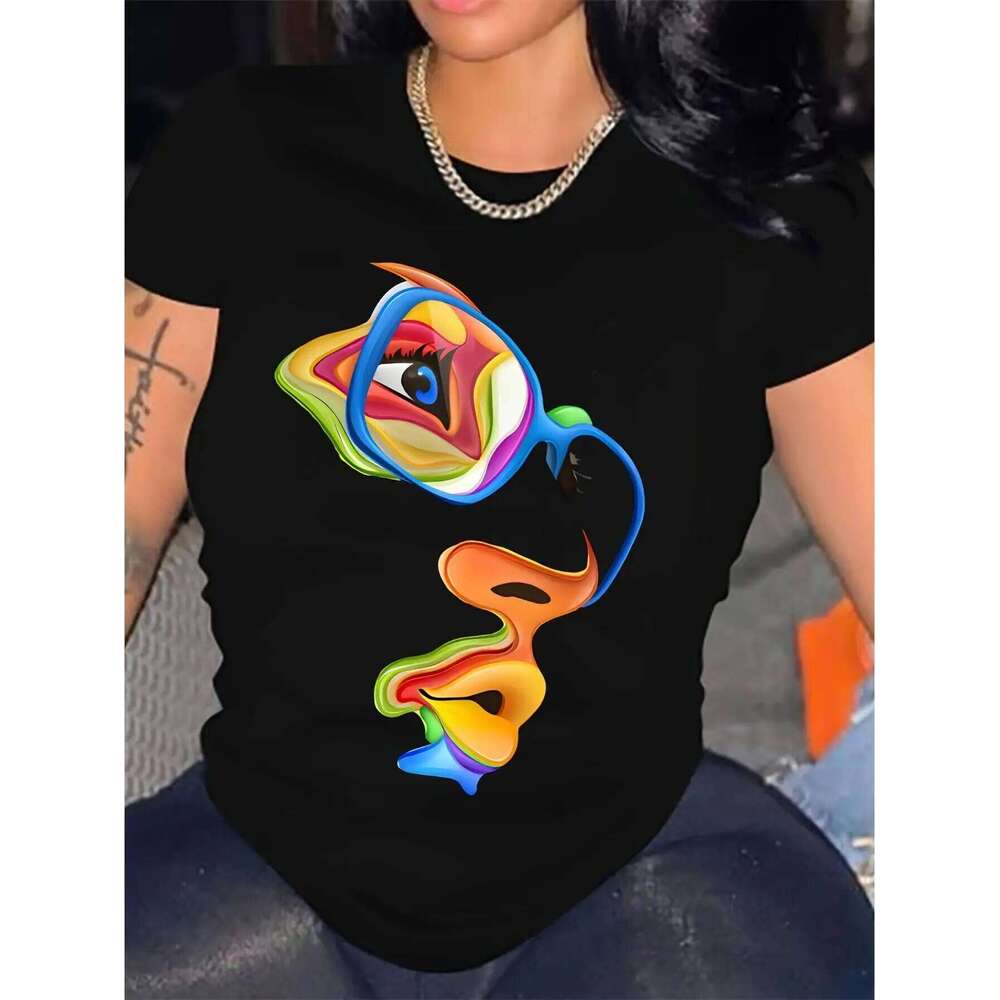 Women's Abstract Art Face Print Crew Neck T-Shirt Casual Trendy Top for Spring Summer Fashion Wear XJ260306