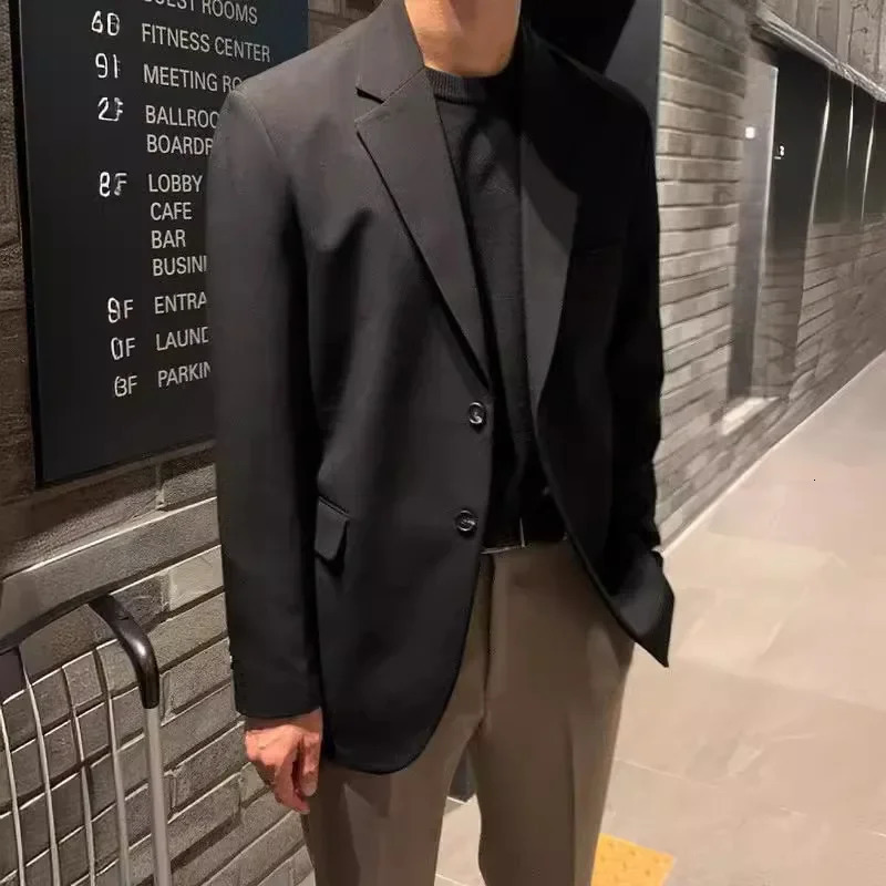 Korean Mens Casual Blazer Western-style Loose-fit Black Single-breasted Jacket Autumn Trendy Dongdaemun Style Clothes 260306