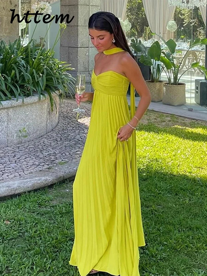 Elegant Strapless Ribbon Long Dress Women Sexy Sleeveless Backless Pleated Party Dresses Summer Lady Evening Robes 260306