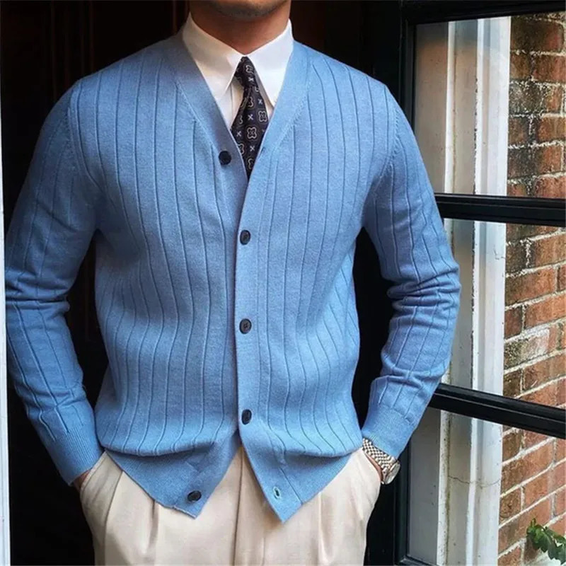 Autumn Winter Mens Business Casual V Neck Cardigan Solid Color Knit Sweatercoat Male Slim Fit Long Sleeve Knitted Sweater Tops 260306