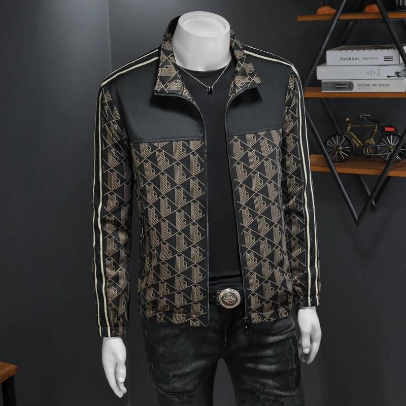 Dark-patterned Jacquard Spring Autumn Trend Casual Jacket Men's Lapel Versatile Top for Men