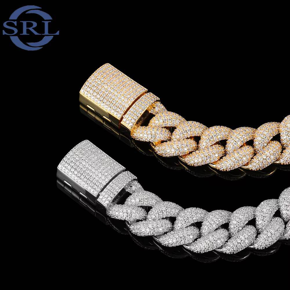 CHA019 18mm VVS Moissanite Tennis Cuban Chain Iced Out Hip Hop Jewelry Necklace for Men Gold Plated Brass Link Design