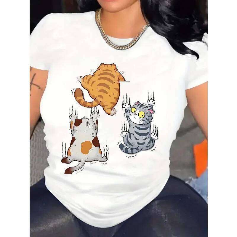 Cute Cat Print Crew Neck Sports Short Sleeve Running Casual Cotton Women's Fashion Streetwear Y2K Harajuku Top T-Shirt XJ260306