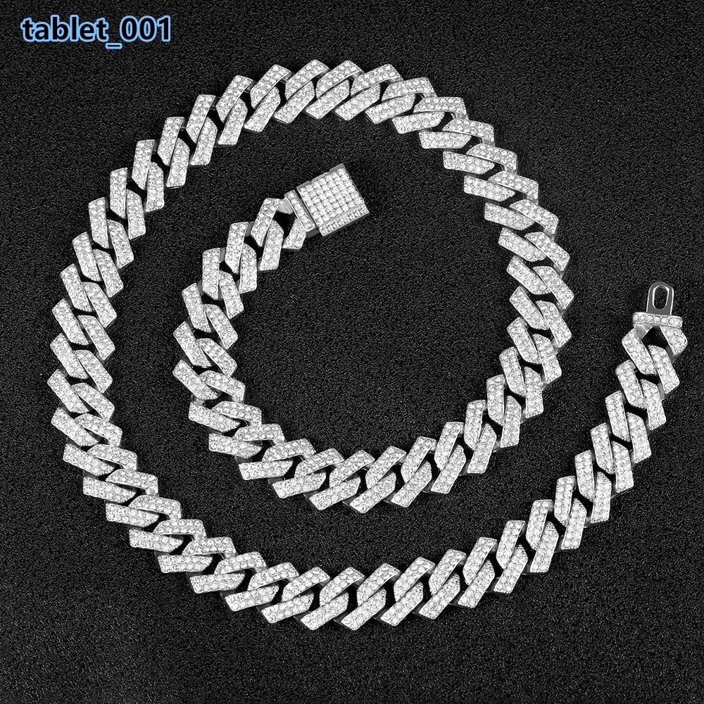 Moissanite Cuban Link Chain 15MM Diamond Gold Plated Alloy Fashion Jewelry Hip Hop Necklace Bracelet for Men
