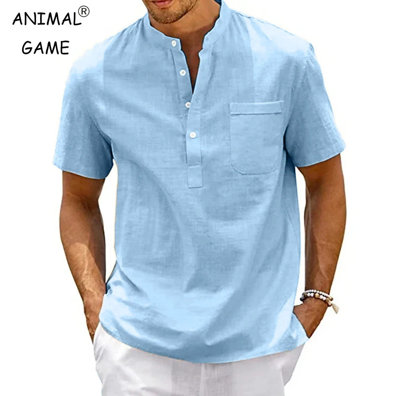 Summer Mens Cotton Short Sleeve Tshirt Solid Color Stand Collar Loose Pullover Shirt Thin Soft Comfortable Button Top 260302