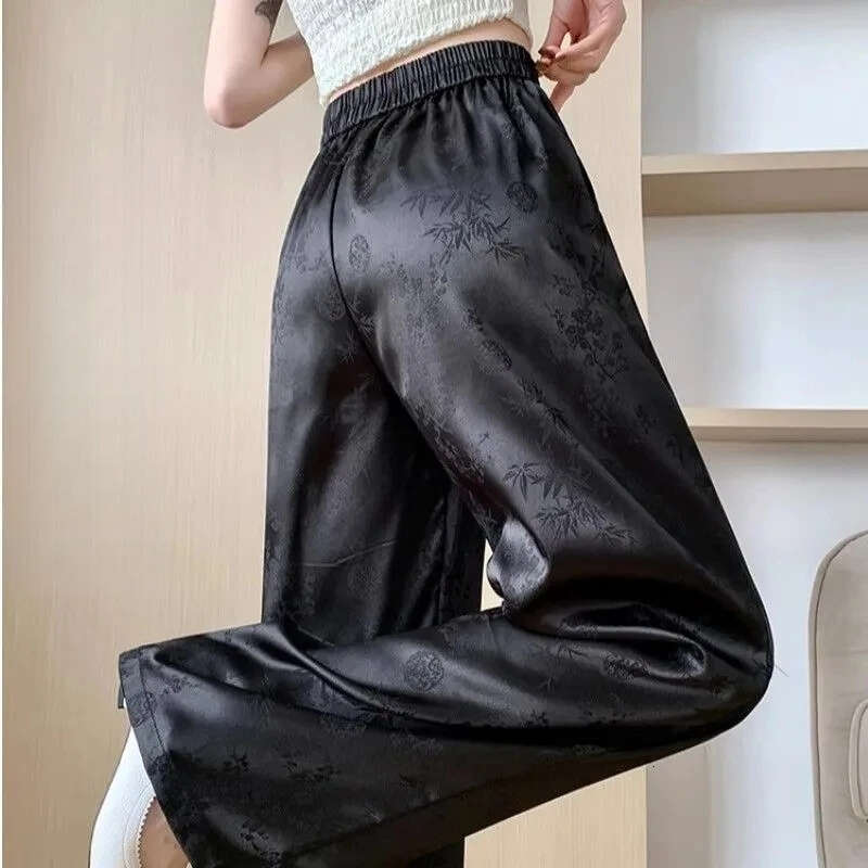 Mardi Hefxessdr New National Trend Button Embroidered Satin Wide Leg Pants Women's Casual High Waist Slimming Drapey Long Trousers style pants wo