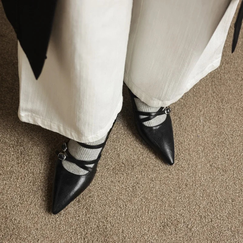 Vintage Pointed Toe Cross Buckle Women Mary Jane Shoes Fashion Shallow Shoes 2026 Spring Autumn Stripper Party Pumps Shoes 260303