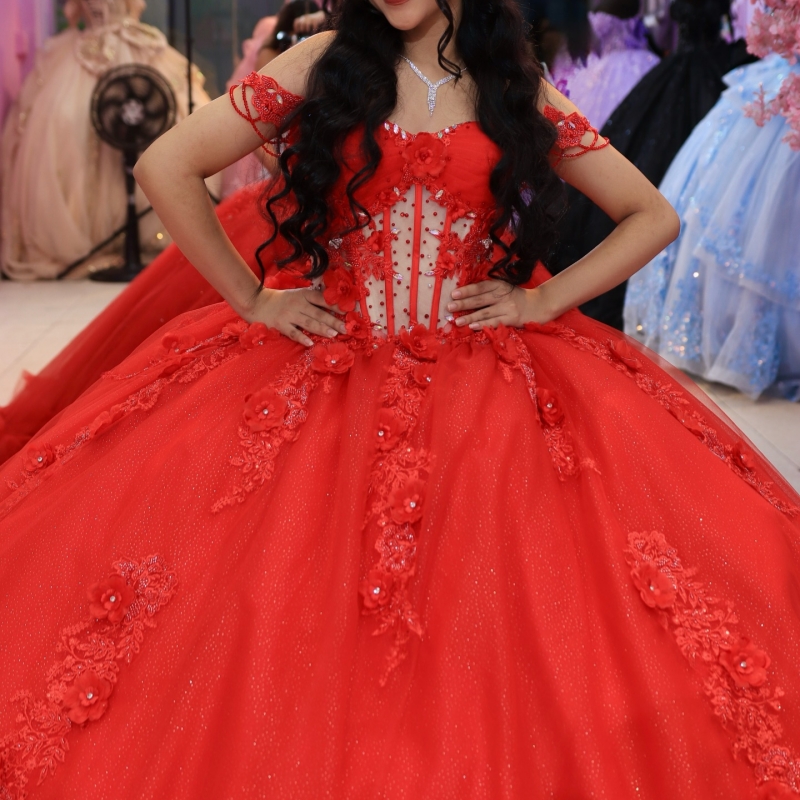 Red Shiny Quinceanera Dresses Ball Gown Off The Shoulder Applique Flower Beading Crystal Tull Corset Party Birthday Sweet 16 Dress Vestidos 15 De Anos