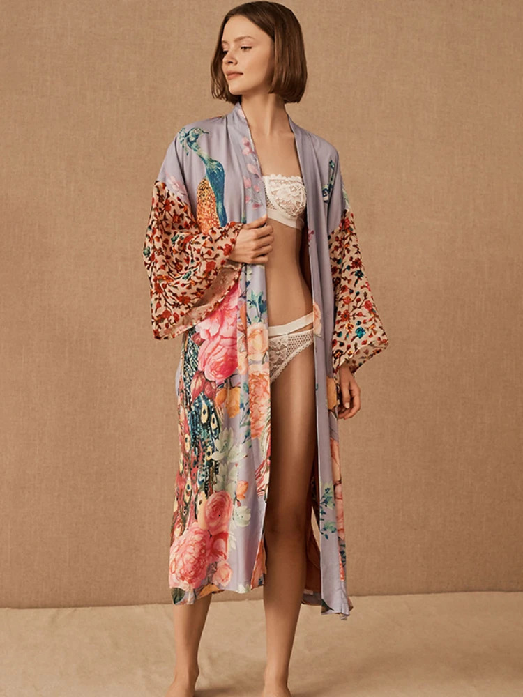 Beach Kimono for Women Peocock Printed Swimsuit Cover Up Self Belted Wrap Dresses Seaside Bathing Suits Beachwear 260228