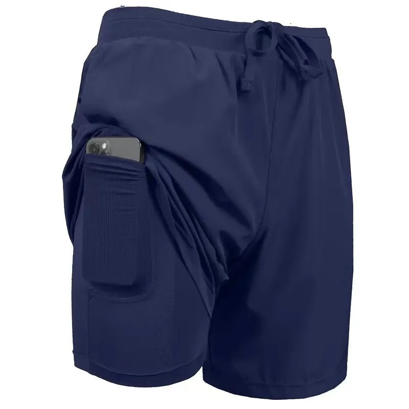 Mens Builtin pocket Shorts Quickdrying Fitness Double Layer Men Breathable Workout Training casual Sports Short Pants 260306
