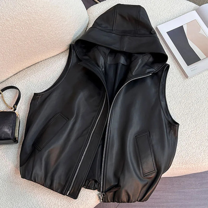 Autumn Ladies Large Size 4XL Zipper PU Leather Vest European Women Hooded Thin Waistcoat Female Short Faux Sleeveless 260306