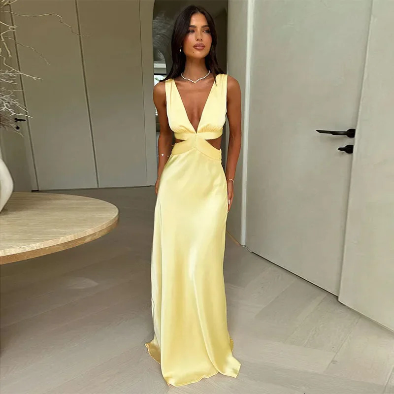 Deep V neck Hollow Long Dress Female Sleeveless Slit Beach Vacation Solid Color High Waist Bodycon Womens 260306