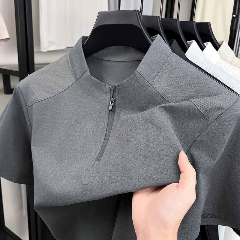 Summer Style Short-Sleeved T-Shirt for Men Casual Moisture-Wicking Quick-Drying Half-Zip Fashionable Breathable Mens Wear 260304
