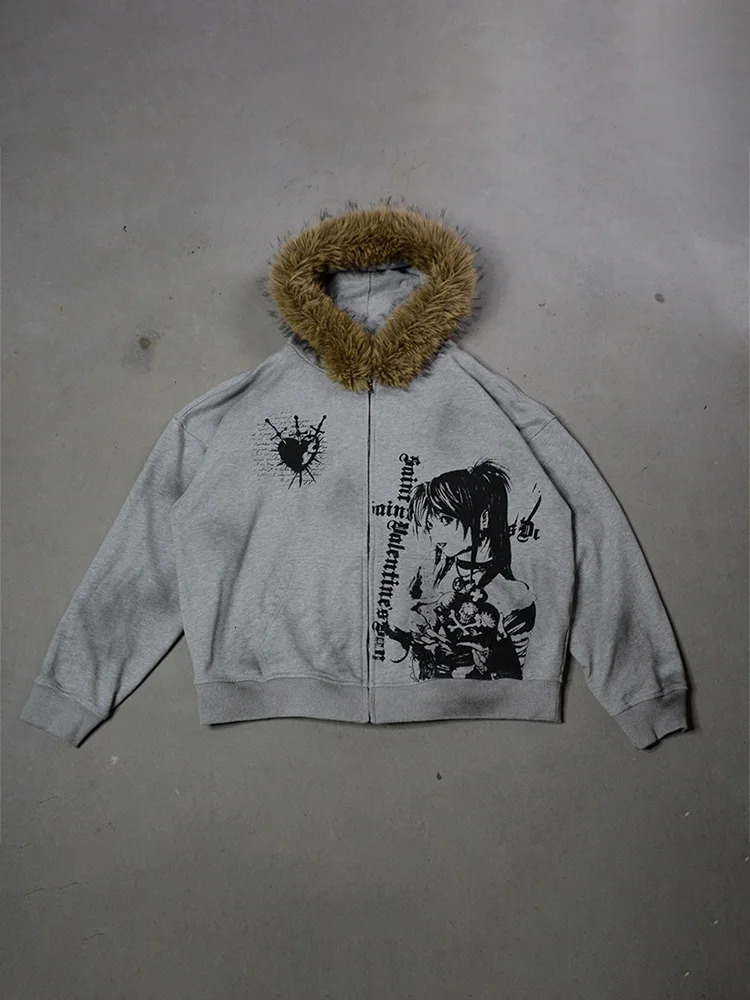 Winter Fashion Streetwear Womens Gothic Printed Faux Fur Hooded Jacket Trendy Edgy Zip - Up Sweatshirt 2026 Arrival 260228