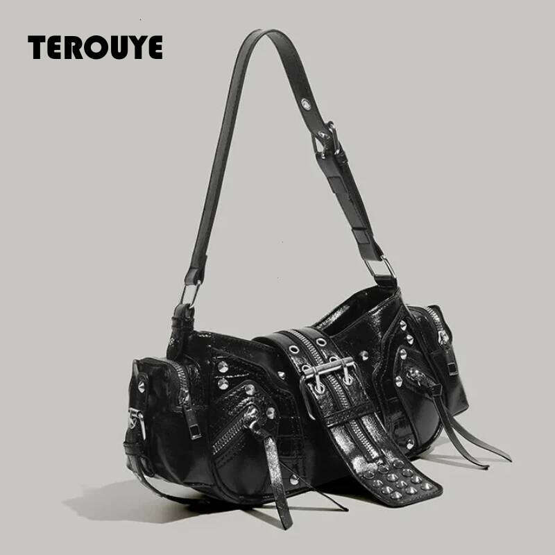 Women's Y2k Punk Vintage Shoulder Purse PU Leather Gothic Rivet Handbag Waist Bag Luxury Black Cross Body Bags With Spikes TEROUYE