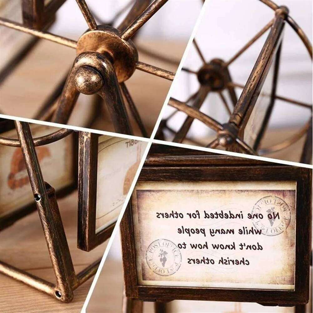 A96Q-Retro Vintage Rotating Wheel Picture Frame, Personalized Family Frame Shows for 12 Photo Home Decor A H260306