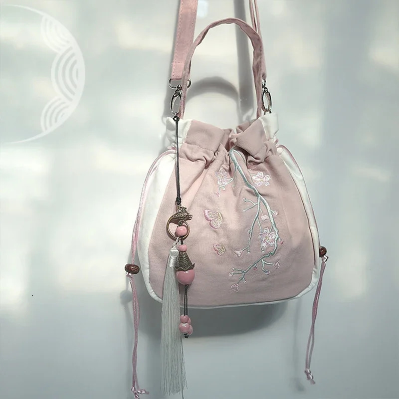 Chinese Style Womens Drawstring Bag Vintage Flower Embroidery Hanfu Handbag Street Fashion Girls Bucket Shape Shoulder 260307