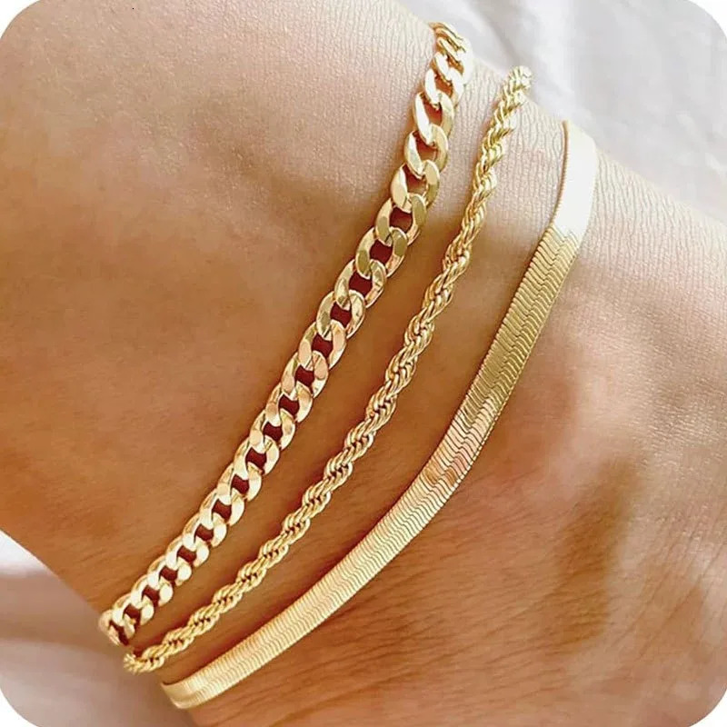 Waterproof Ankle Bracelets for Women Girls 14K Gold Plated STAINLESS STEEL Cuban Link Figaro Rope Snake Anklets Foot Jewelry 260304