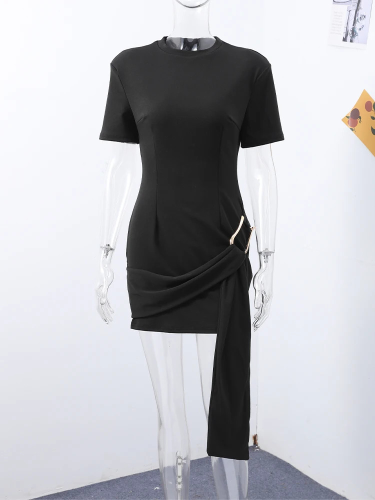 Elegant Chic Mini Dress Women Slim O Neck Short Sleeves Patchwork Ribbon Vestidos Female Spring Summer Evening Dresses Lady 260306
