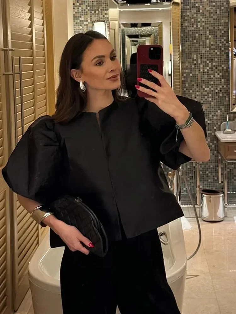 Round Neck Satin Solid Short Blouse For Women Elegant Button Puff Short Sleeve Fashion Shirt Chic Lady Street Shirts 2026 260306
