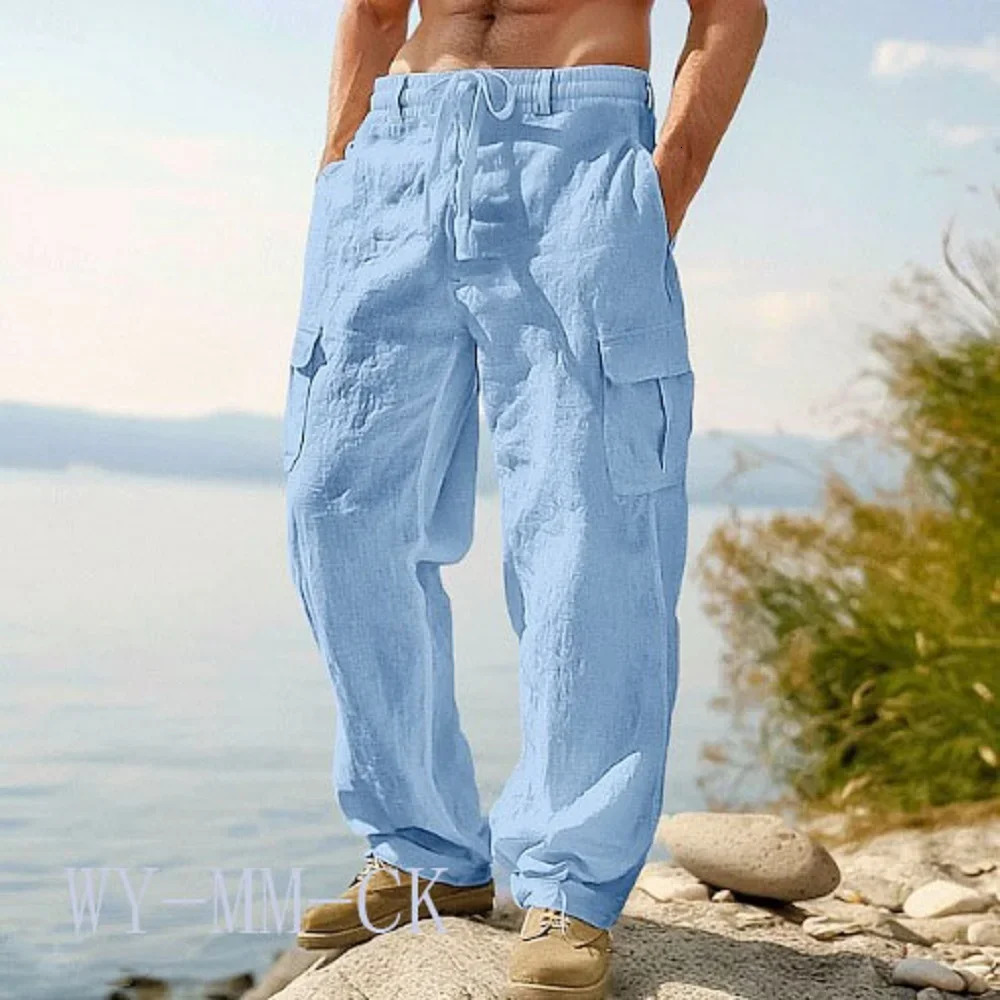 2026 European And American Mens Cotton And Linen Trousers Multi-pocket Work Pants Loose Straight Sportswear And Casual Trousers 260305