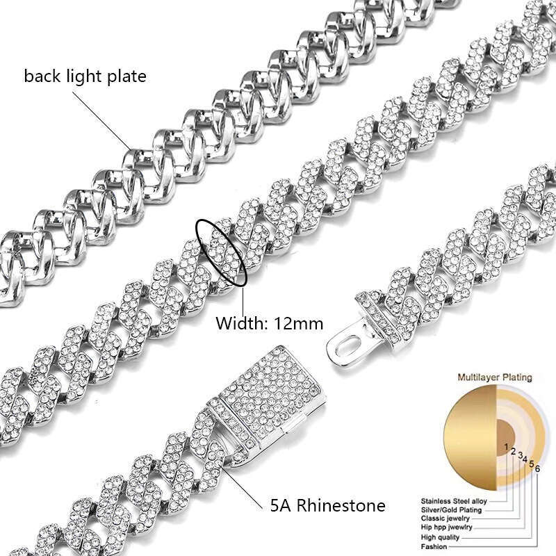 Cross-Border Hot-Selling Hip-Hop Style Full Necklace Rhombus Versatile 12mm with Diamond High-End Cuban Chain Jewelry Wholesale