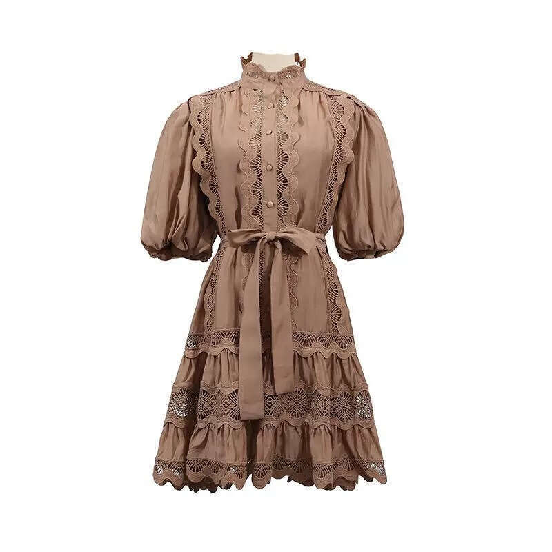 2026 Spring and Autumn Season European and American Minority a2 Ladies Elegant Design Lace Bordered Lantern Sleeves Solid Color Loose Tie Skirt