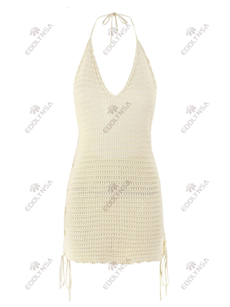 Solid Knit Halter Vneck Side Cross Straps Slim Beach Mini Dress 2026 Women Crochet Swimsuit Cover Up Vacation Outfit K104 260228
