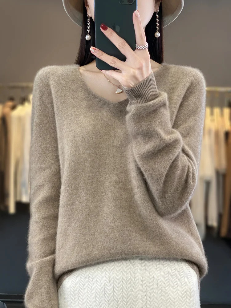 100 Merino Wool Womens Sweater VNeck Long Sleeve Pullovers Autumn Winter Basic Jumper Cashmere Knitwear Warm Female Clothing 260306