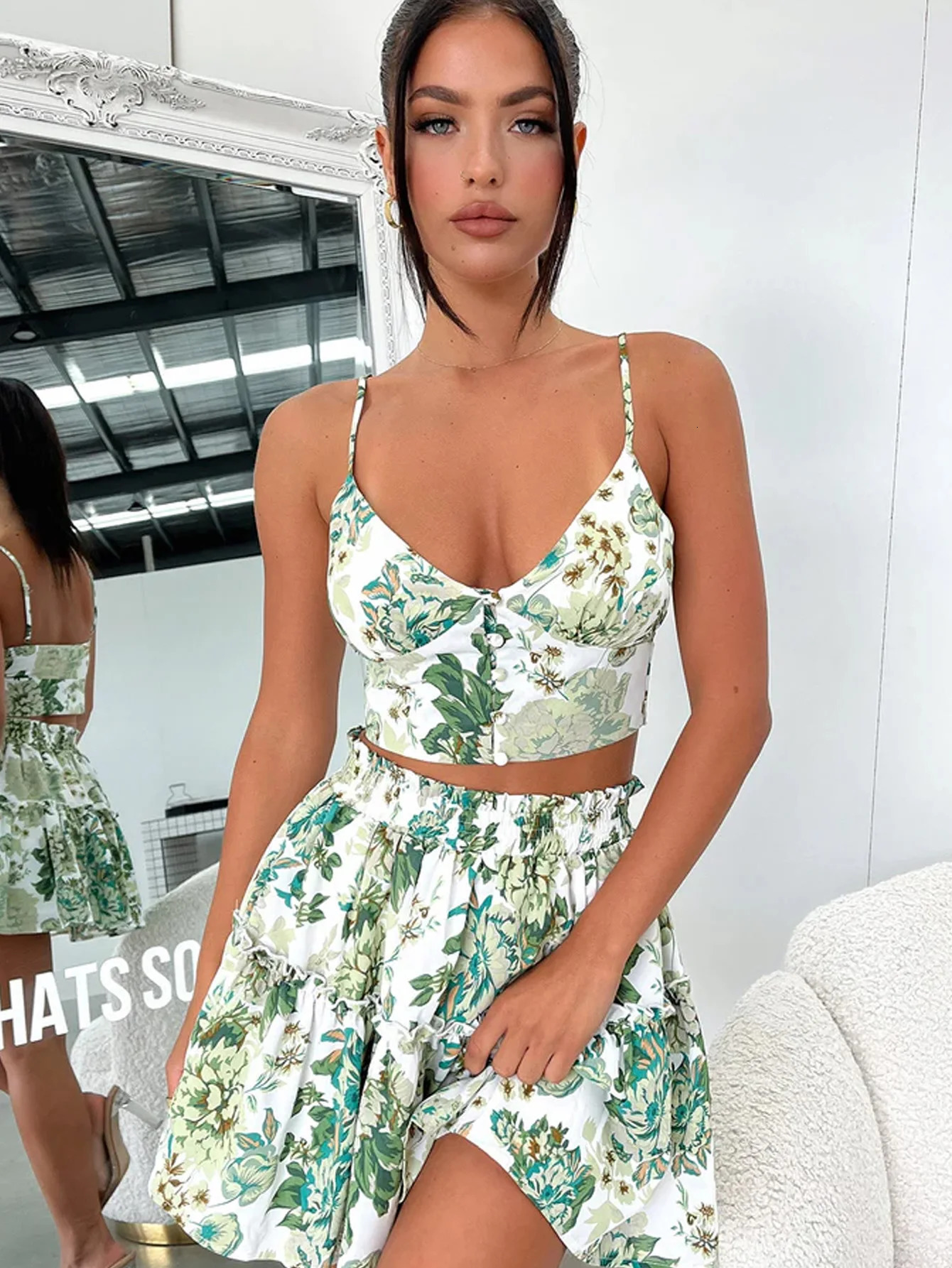 Womens Floral Cami Top And Ruffle Hem Skirt 2pcs Setback to schoolwedding guest dress women 260306