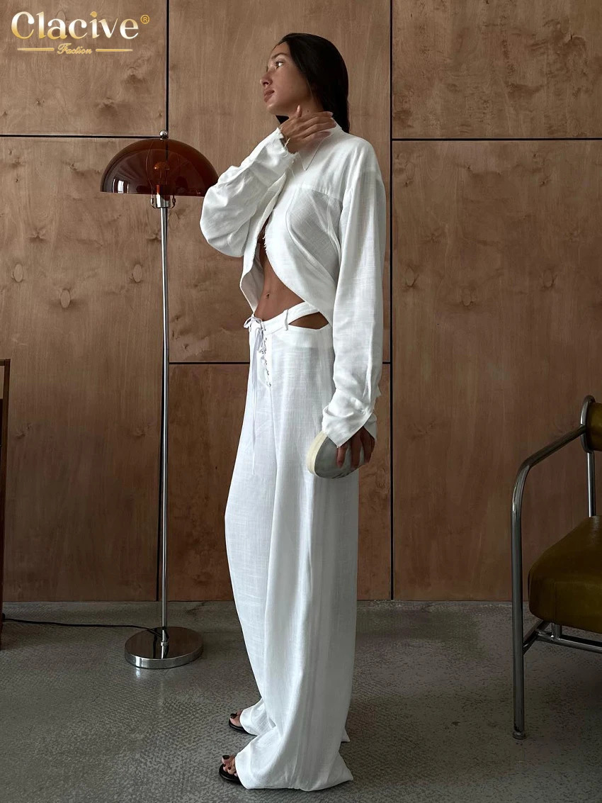 Clacive Fashion Loose White Linen Womens Two Pieces Set Elegant Long Sleeve Shirt With Mid Waist Wide Pants Set Streetwear 260304