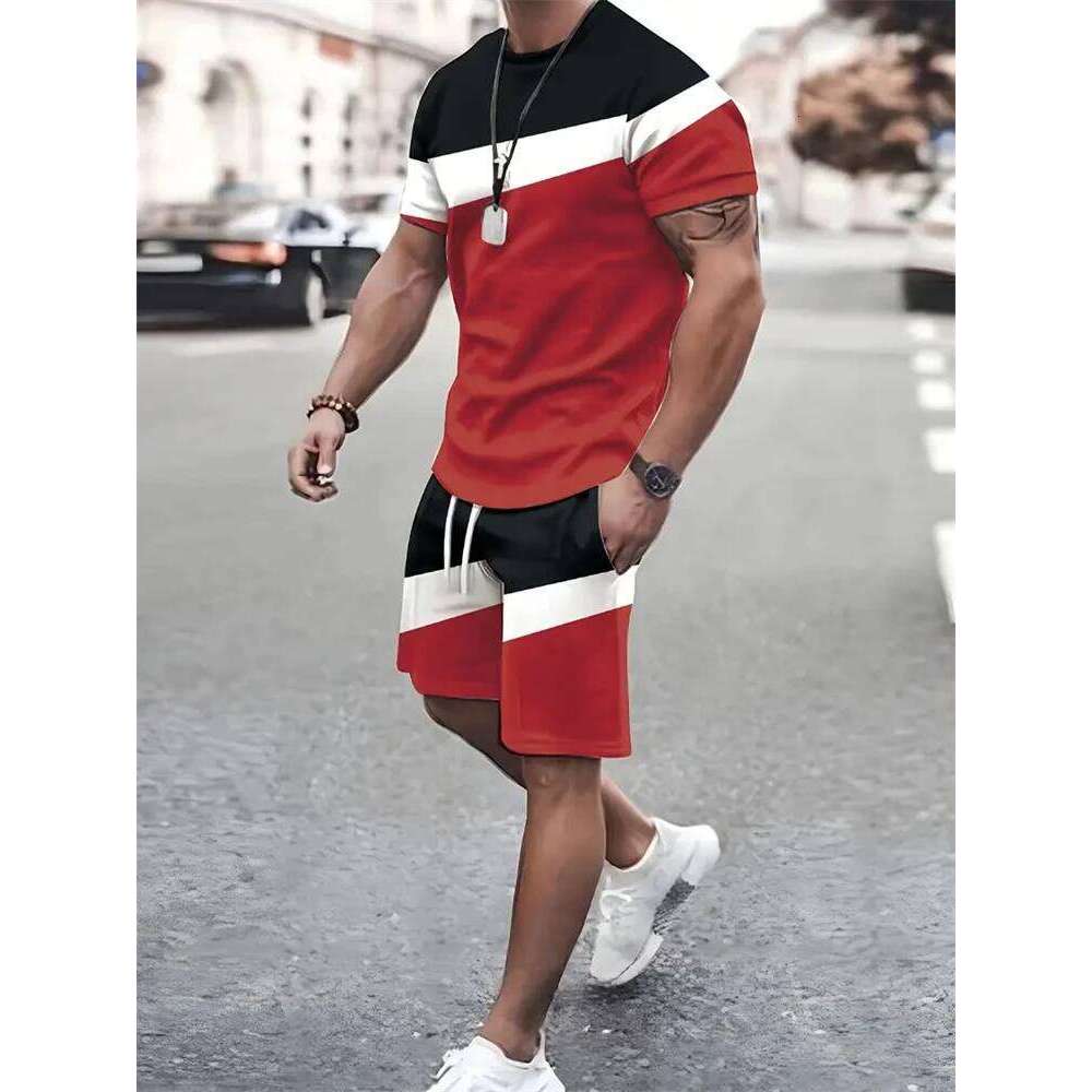 Summer Men's Stripe Print Short Sleeve Tee Elastic Waist 2 Pieces Plus Size Loose O-Neck T-Shirt Pockets Shorts Set