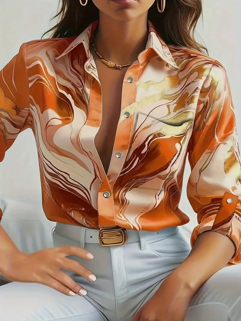 Women Print VNeck Button Long Sleeve Shirt Loose Casual Holiday Tops Blouse 260228