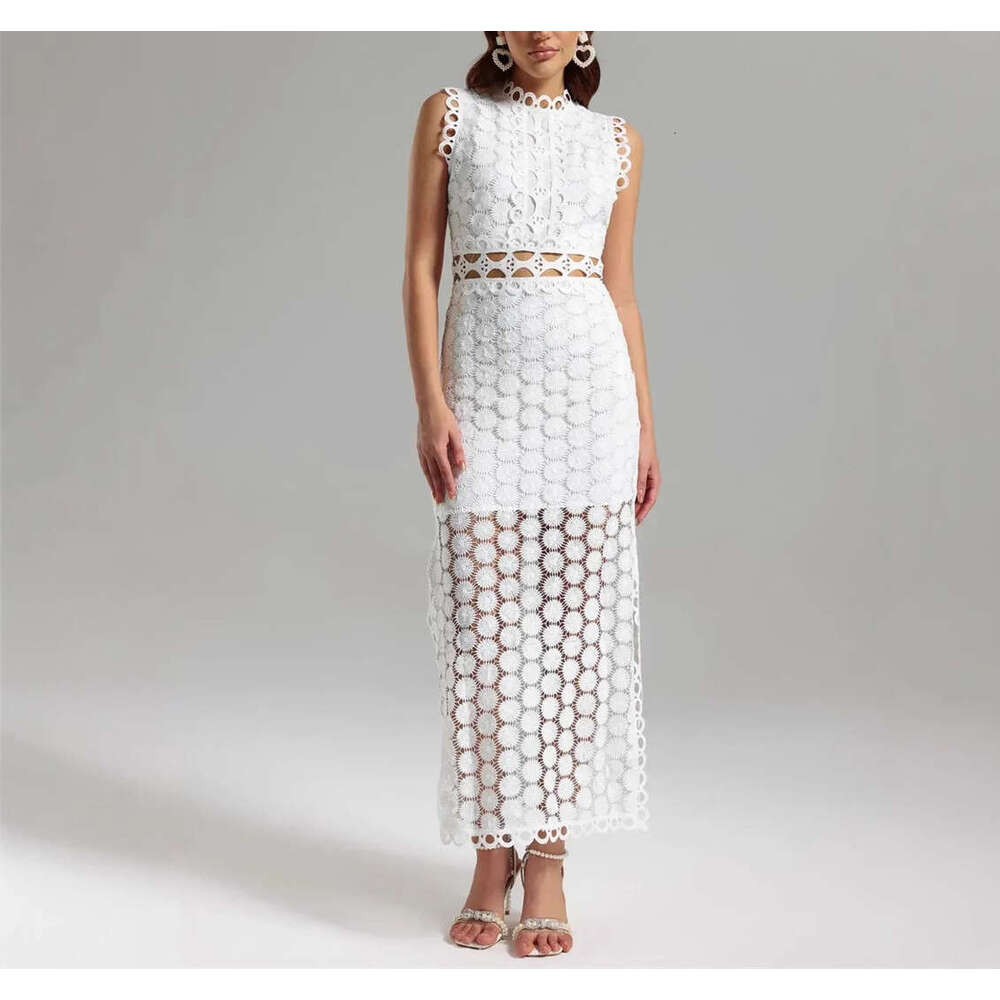 2026 Spring and Summer European and American Vacation A1 Style Sleeveless Hollow Lace Slimming Split Tight Dress for Women