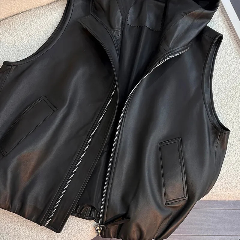 Autumn Ladies Large Size 4XL Zipper PU Leather Vest European Women Hooded Thin Waistcoat Female Short Faux Sleeveless 260306