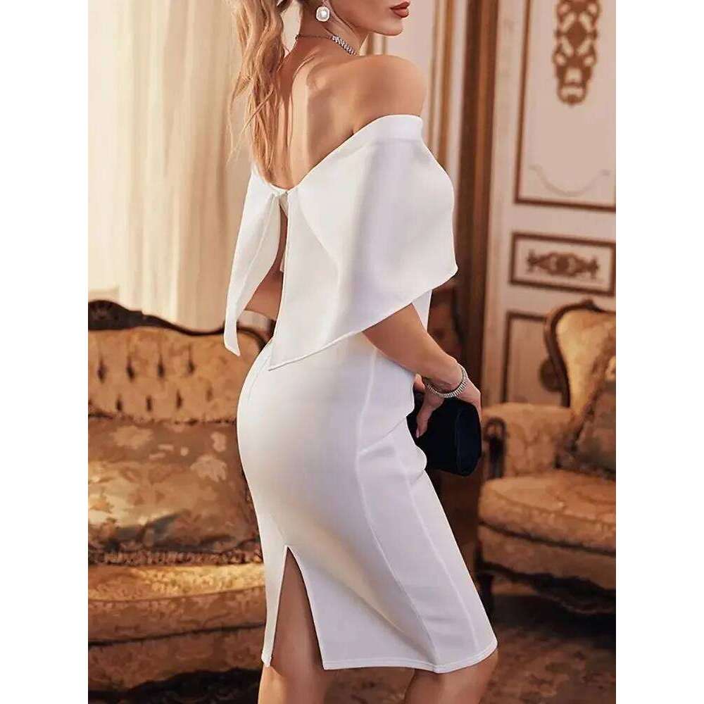 Muse Elegant Women Summer Off Shoulder Cape Design Splicing Skinny Dress Vestidos Woman Evening Party Dresses White