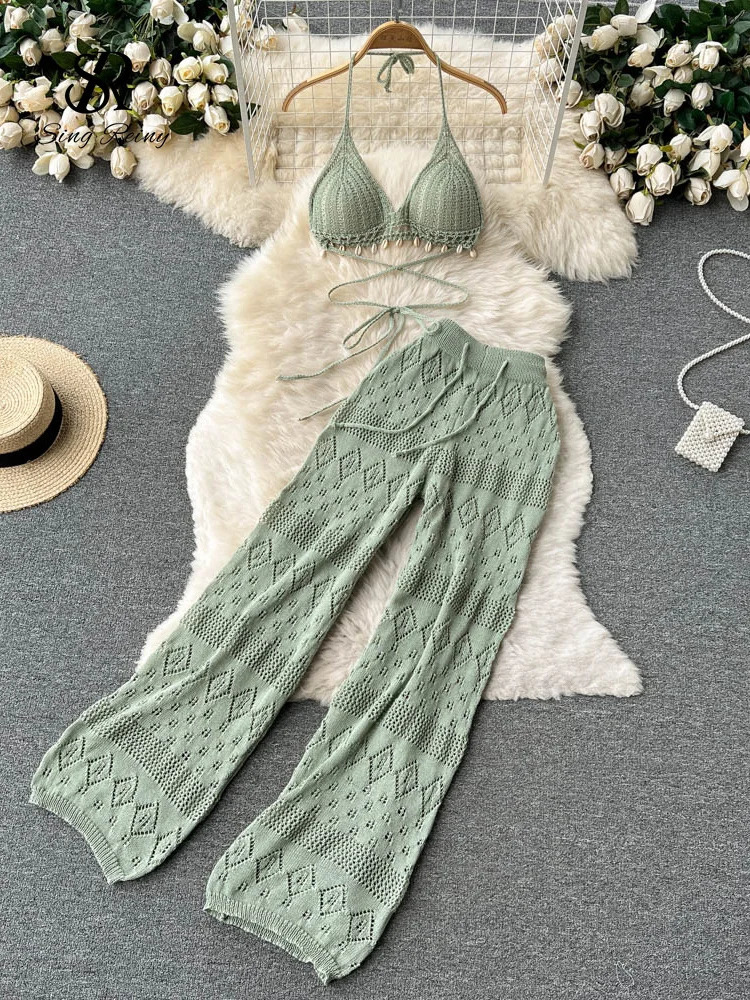 SINGREINY Women Summer Knitted Set Halter Short Tops Hollow Wide Leg Long Pants Sets Shell Beach Sexy Backless Two Piece Suits 260306