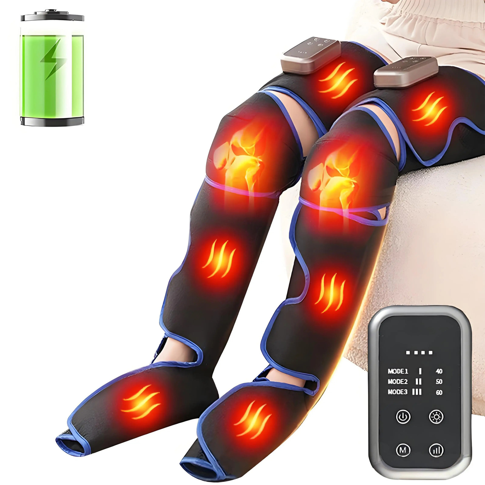 Rechargeable Leg Massager with Heat Air Compression - 3-Level Pain Relief Wrap for Circulation Boost Muscle Recovery LED 260304