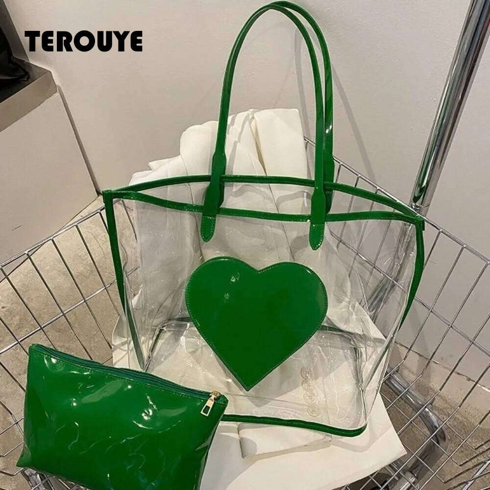 Waterproof Jelly Shoulder Large Capacity Versatile Transparent Handbags Has Inner Pocket Color Contrasting Beach Bag TEROUYE
