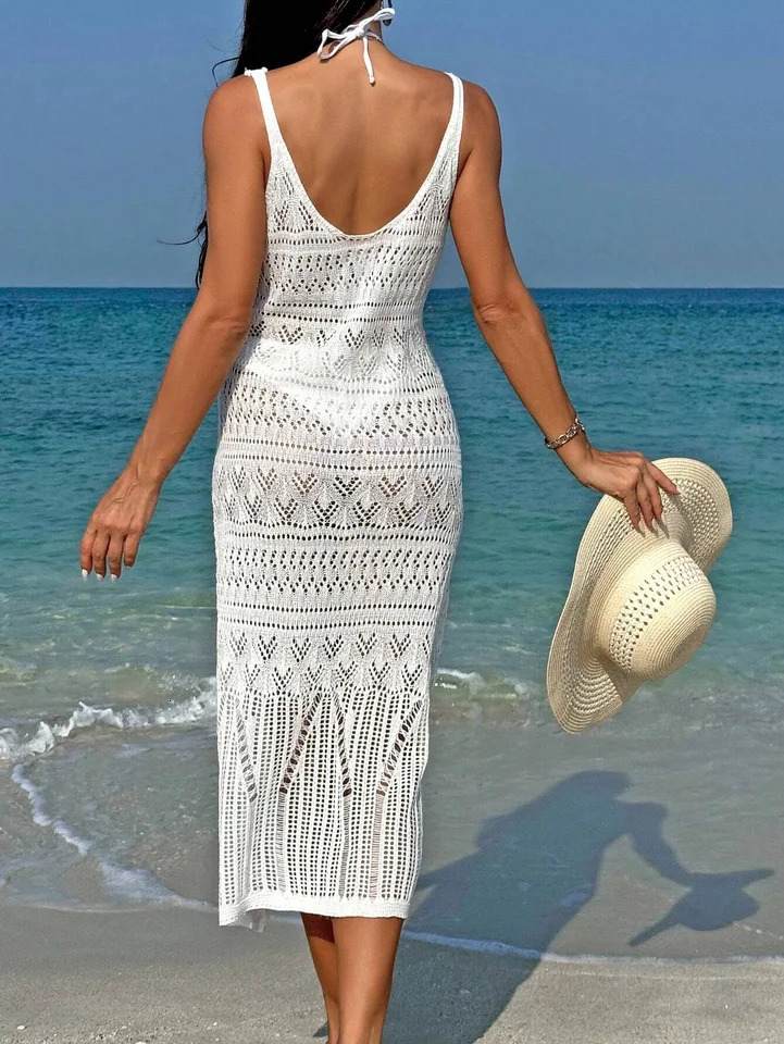 Elegant Temperament Womens Fashion Hollow Out Maxi Dress Cover up Skirt Suspender Showing Body Waistline Free Bikini 260306