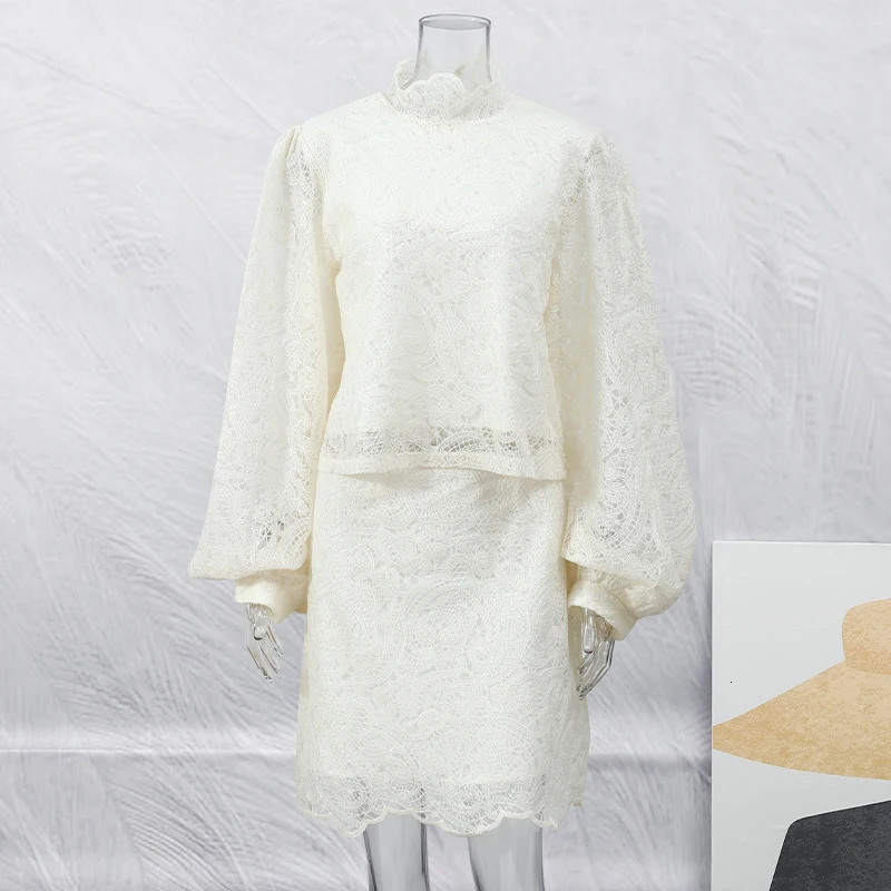 Trendy Lady Hollow Out Lace Mini Dress Elegant Long Sleeve Chic High Neck Short Vestidos Autumn Club Night Gown 260306