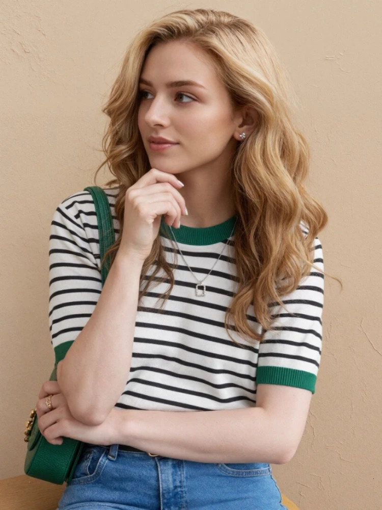 Fashion Stripe Knitted Round Collar Tees 2026 Summer Women Tops Print Short Sleeve Casual Simple Versatile TShirt 260306