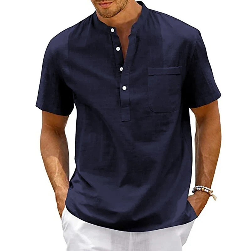 Summer Mens Cotton Short Sleeve Tshirt Solid Color Stand Collar Loose Pullover Shirt Thin Soft Comfortable Button Top 260302