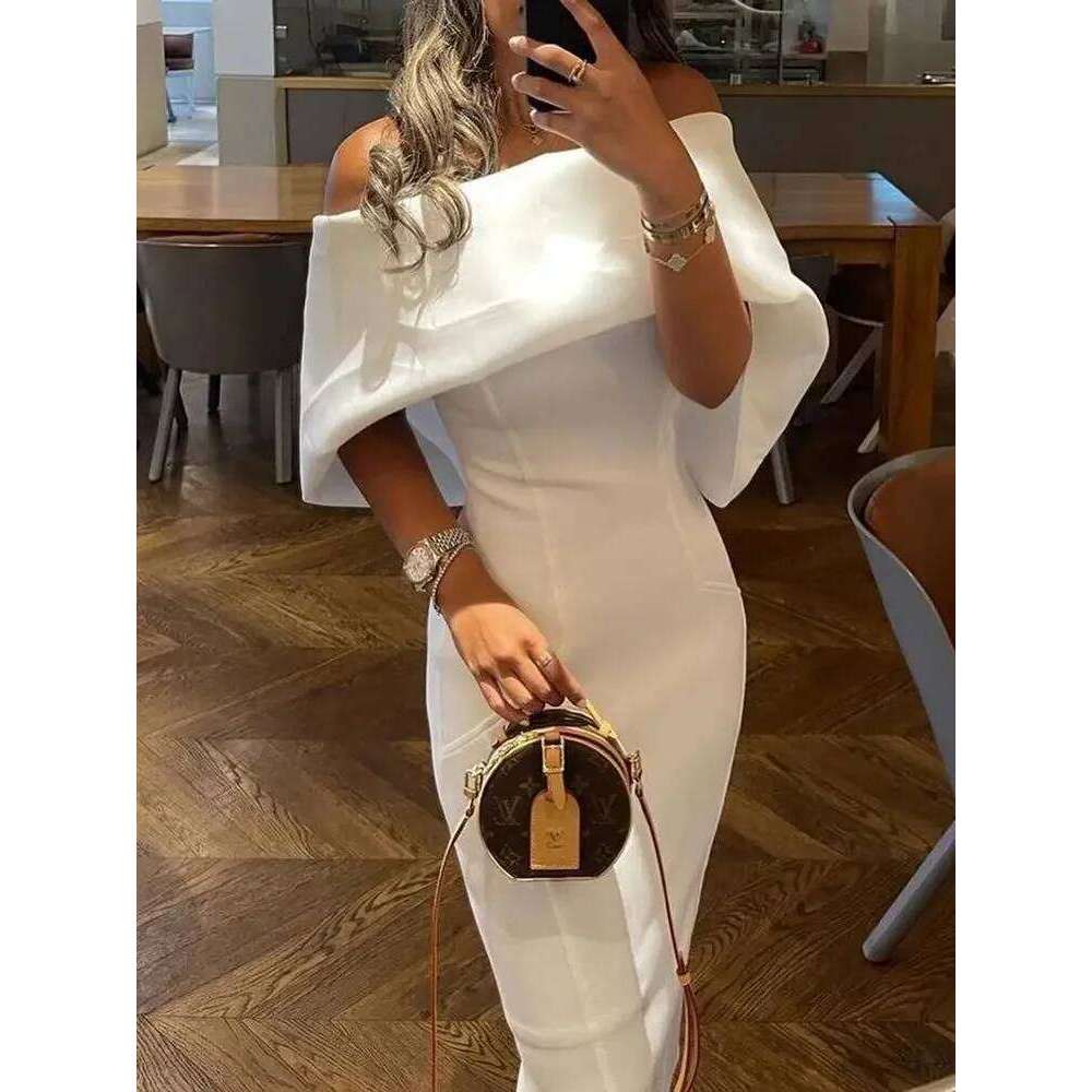 Muse Elegant Women Summer Off Shoulder Cape Design Splicing Skinny Dress Vestidos Woman Evening Party Dresses White