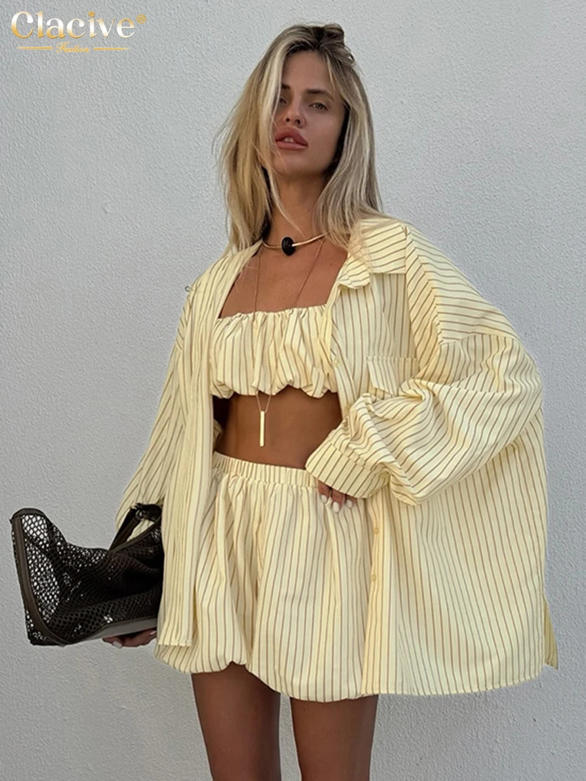 Clacive Fashion Loose Stripe Print 2 Piece Set Women Elegant Long Sleeve Shirt Tube Top With High Waist Shorts Female 260306