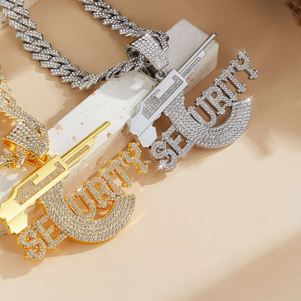 European and American hip-hop pendant SECURITY letter pistol high-quality domineering alloy rhinestone Cuban chain necklace accessory